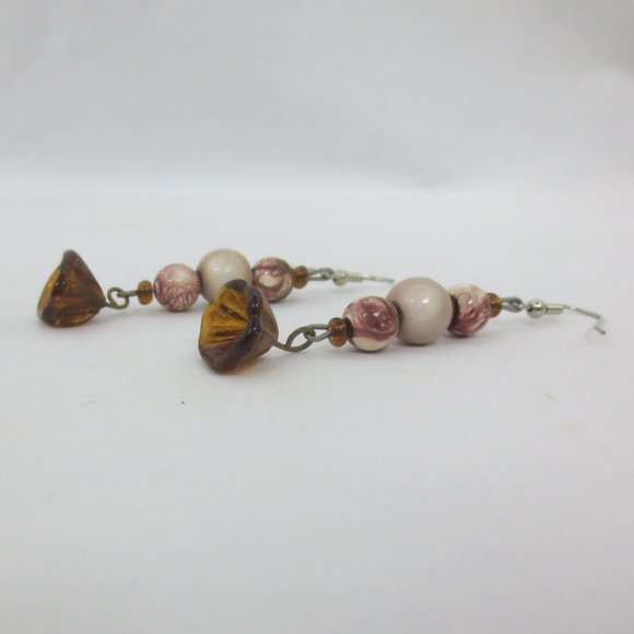 Pink Brown Lustrous White Floral Dangle Earrings - Picture 2 of 6